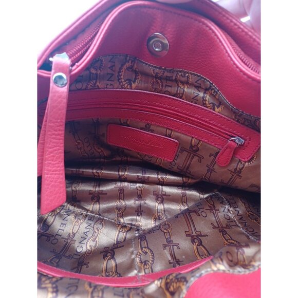 Tignanello Pebble Leather Chain Tote Handbag Purse Tomato Red Shoulder Bag Large - Picture 14 of 15